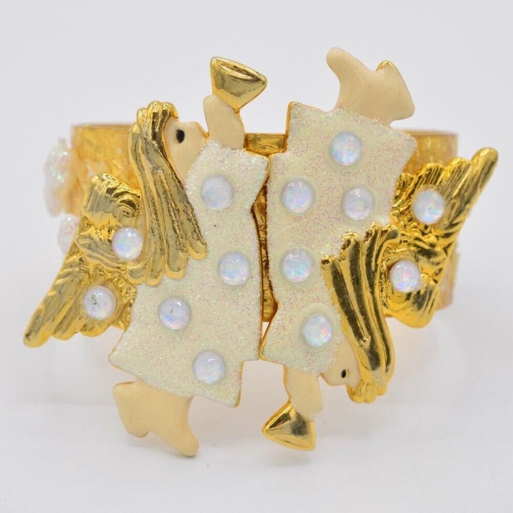 Vintage Cuff Bracelet Hammered Gold Christmas Angels Holiday Crystal BinAD